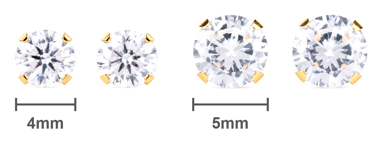 Her 4mm and your 5mm Flawless Crystal studs in pure 24 karat gold, side by side and to scale, with 4mm and 5mm measurement bars.