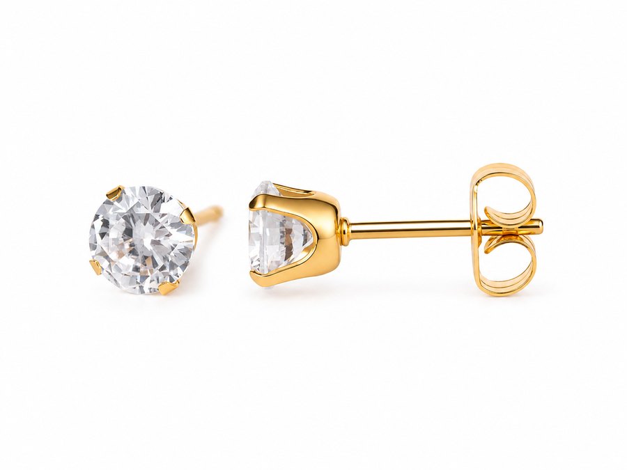 purepixxi 5mm Flawless Crystal Stud Earrings in 24K Pure Gold, Mom's pair.